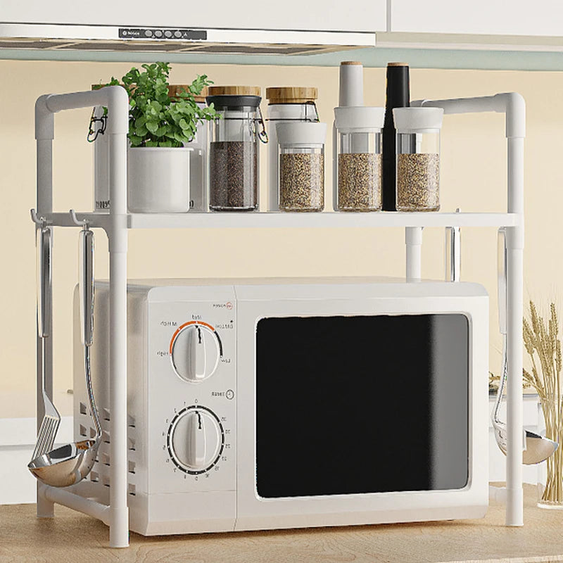 2/3 Floor Microwave Oven Rack, Kitchen Countertop Storage Rack, With Hooked Metal Appliance Rack, Saving Kitchen Shelf Space
