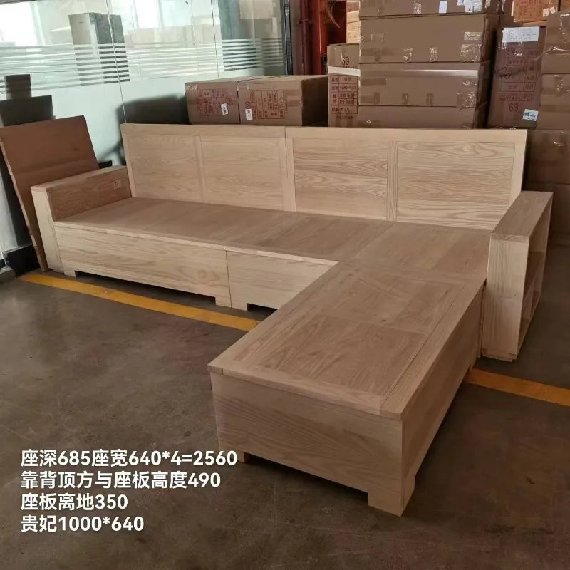 White wax solid wood sofa combination, small apartment winter and summer modern living room dual-use