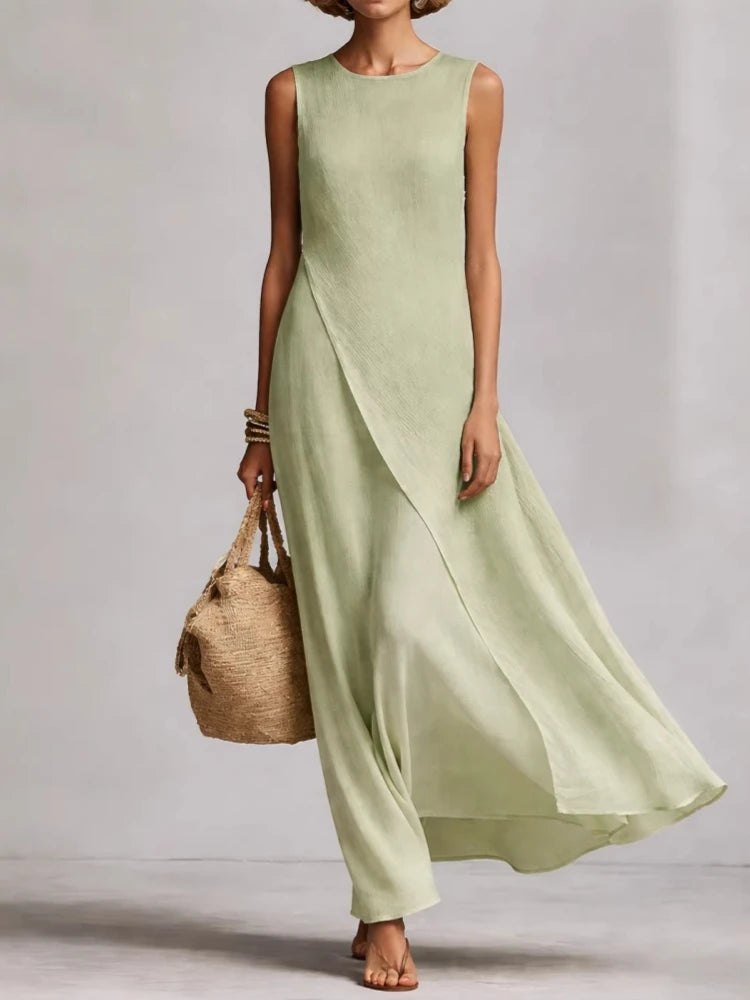 Summer Maxi Dresses For Women Casual O Neck Sleeveless Loose Asymmetrical Hem Long Dress Women Elegant Beach Vacation Sundress