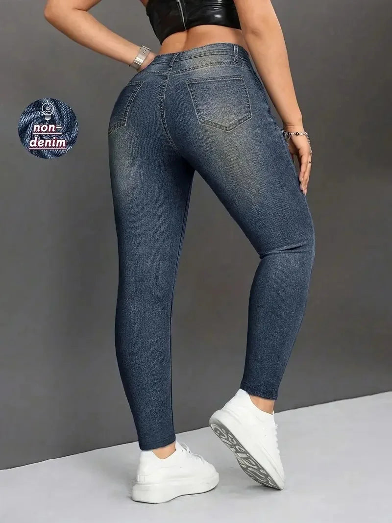 Women's Spring and Autumn Fashionable Faux Denim Printed Casual Leggings
