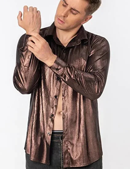 Metallic Shiny Polyester Dress Shirts for Men Black Solid Gold Red Silver Long Sleeve Turn Down Collar Prom Disco Men's Shirt