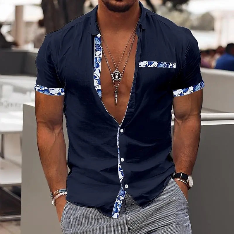 Fashionable Men's Hawaiian Shirt Men's Casual Solid Color Printed Beach Pocket Shirt Short Sleeve Large Size 5XL New Style Multi