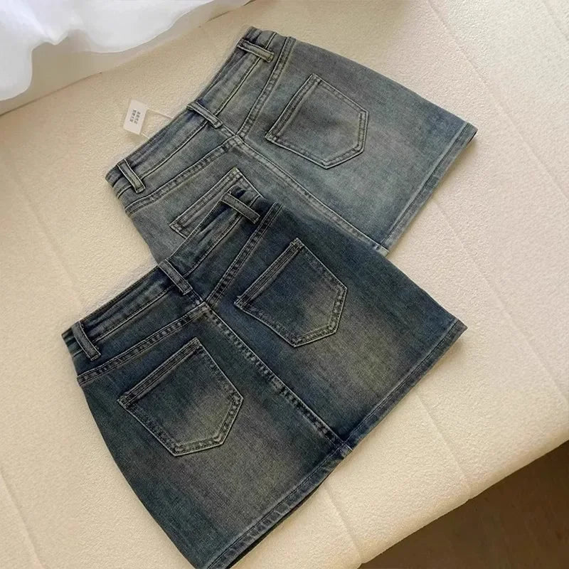 Sexy Retro Denim Skirt Women Anti-Light High Waist A-Line Slimming American Hot Girl Wrap Body Skirt Summer Fashion Mini Skirt