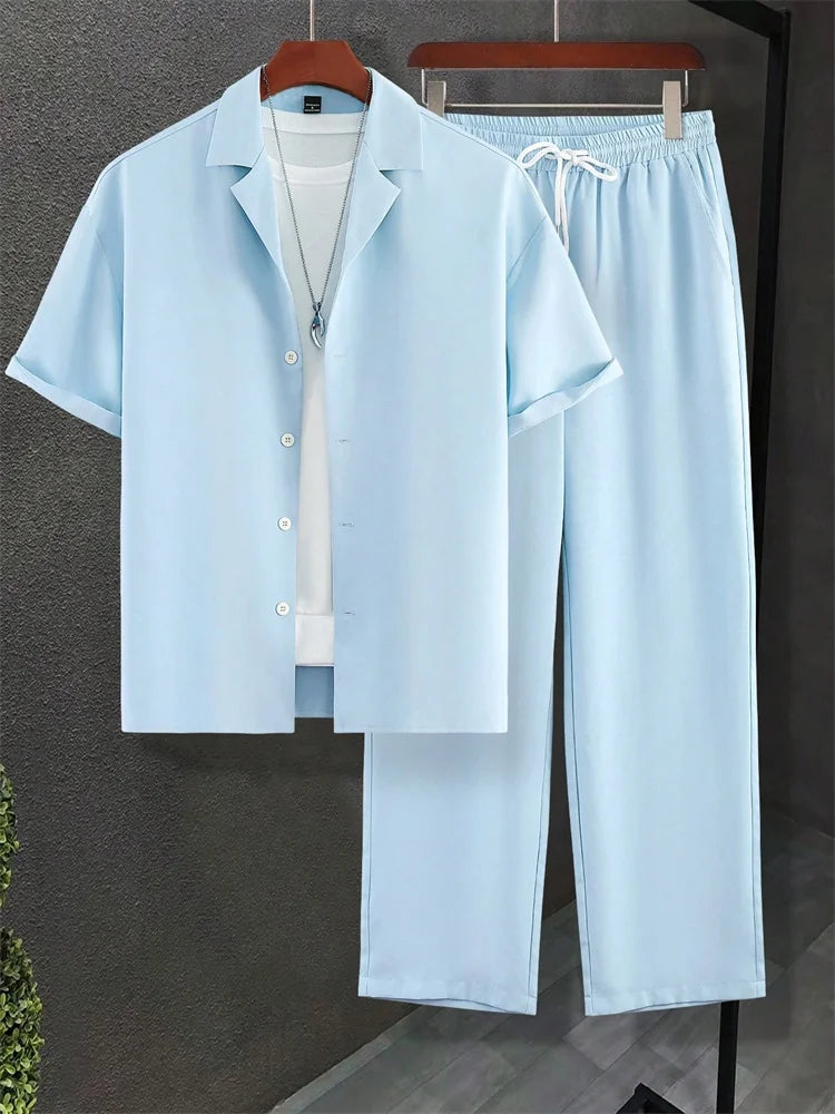2025 Autumn Simple Solid-color Shirt 2 Pieces Long Pants Set, Urban Street Fashion Simple Men's Shirt And Long Pants Set