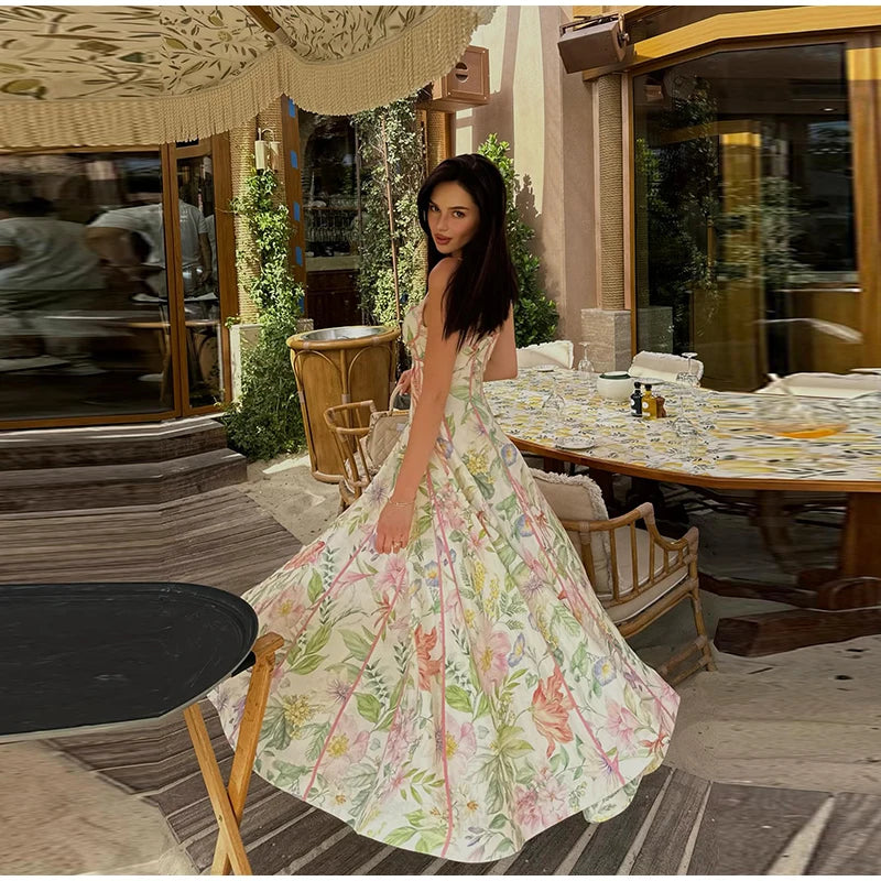 Fashion Women Dress Floral Printed Halter Tube Tops Sleeveless Lace Up Waist-Closed Female Dresses 2026 Summer Lady Robe