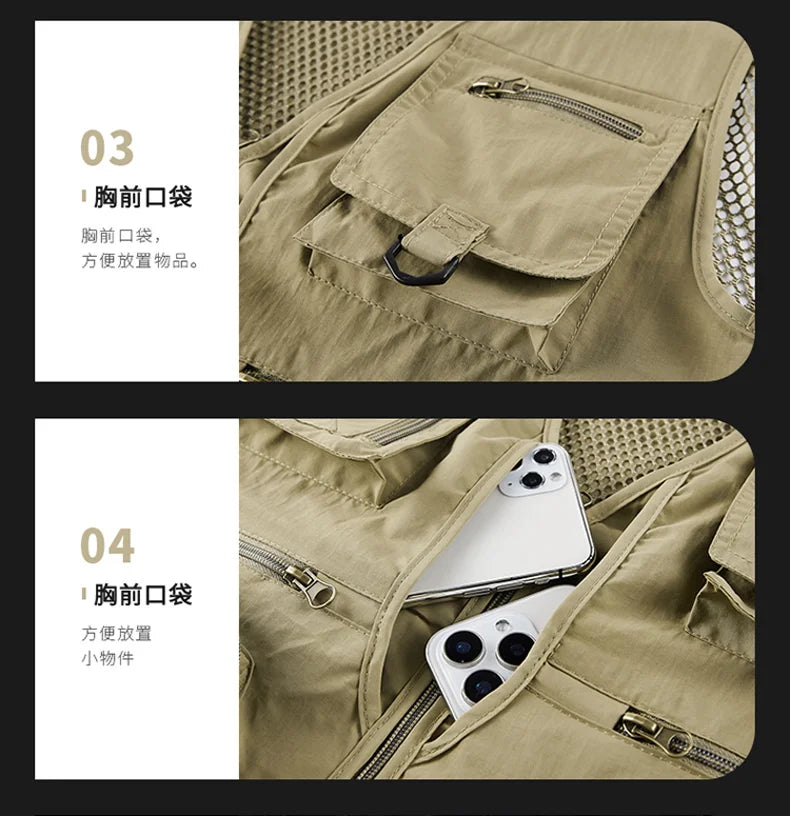 Mesh Men's Fishing Vest Multi Zip Pocket Hiking Waistcoat Male Light Thin Outdoor Sleeveless Jacket Work Summer Travel Plus Size