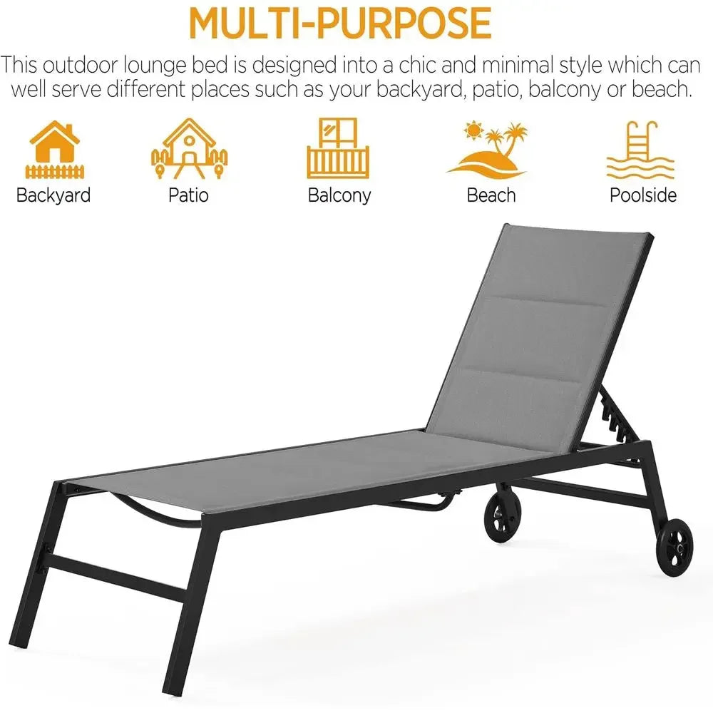 Weather-Resistant Outdoor Reclining Chaise Lounge with Wheels, 5-Position Adjustable, Ideal for Patio, Pool, Beach, Yard - Gray