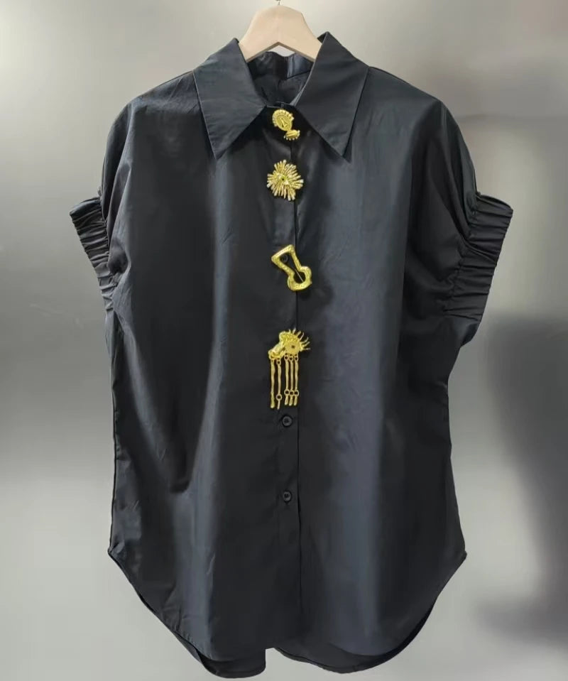 Luxury Design Removable Sequins Blouses Shirts Women 2026 Summer Trend Short Sleeve Black White Tops for Women рубашка женская