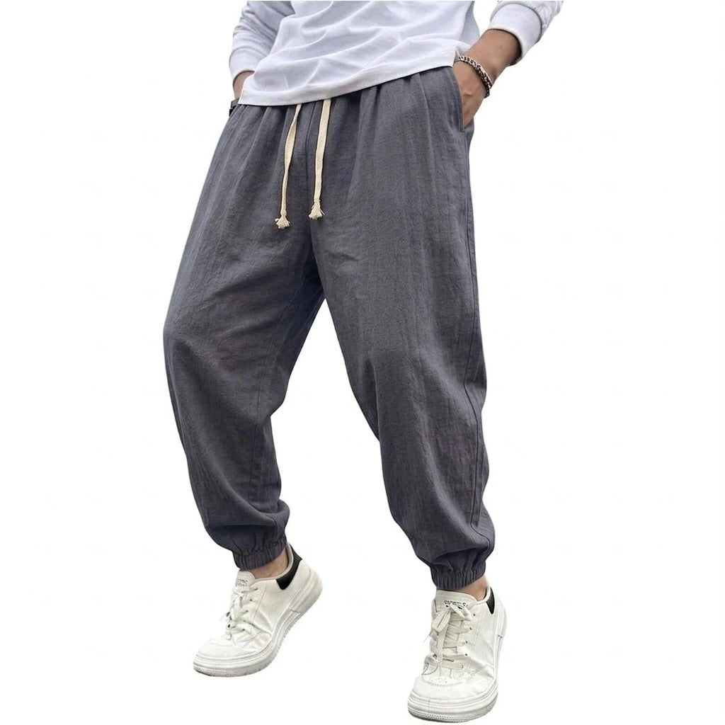 Mens Cotton Harem Pants Solid Casual Jogger Trousers Breathable Loose Fit Bottoms for Yoga Hiking Gym Sports and Daily Work Wear