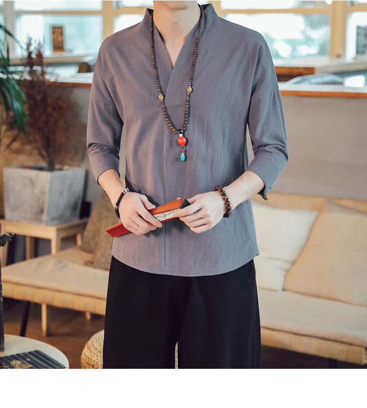 Summer Kimono Japanese Style Short Sleeve Men New Half-sleeved Cotton Linen Breathable Men Clothing T-shirt Japanese Yukata Tops