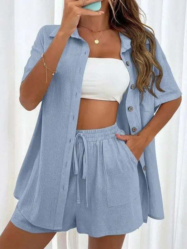 Solid Color Single Breasted Top Casual Loose Short Pants Sets Women Summer Women's 2 Pieces Suit Full Set Female Outfit Clothes
