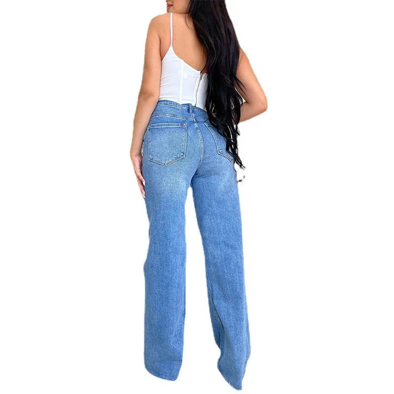 Baggy Jeans Women Flared Denim Pants High Waist Wide Leg Distressed Denim Jeans Light Wash Ripped Frayed Hem Jeans Pants