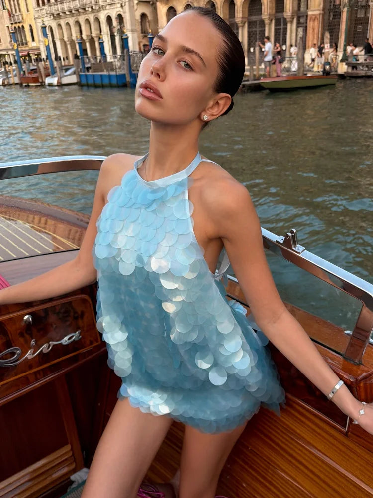 Women's 2026 Light Blue Halter Sequin Dress Sleeveless Loose Large Sequin A-Line Mini Dress Summer Evening Party Shining Gown