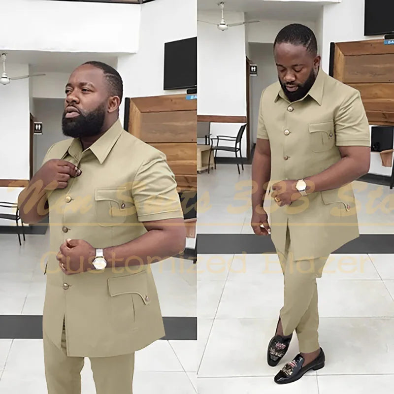 Summer Men's Suits Solid Color Short Sleeve Single Breasted Stand Lapel Casual Outfits 2 Piece Jacket Pants Set Slim Fit Terno