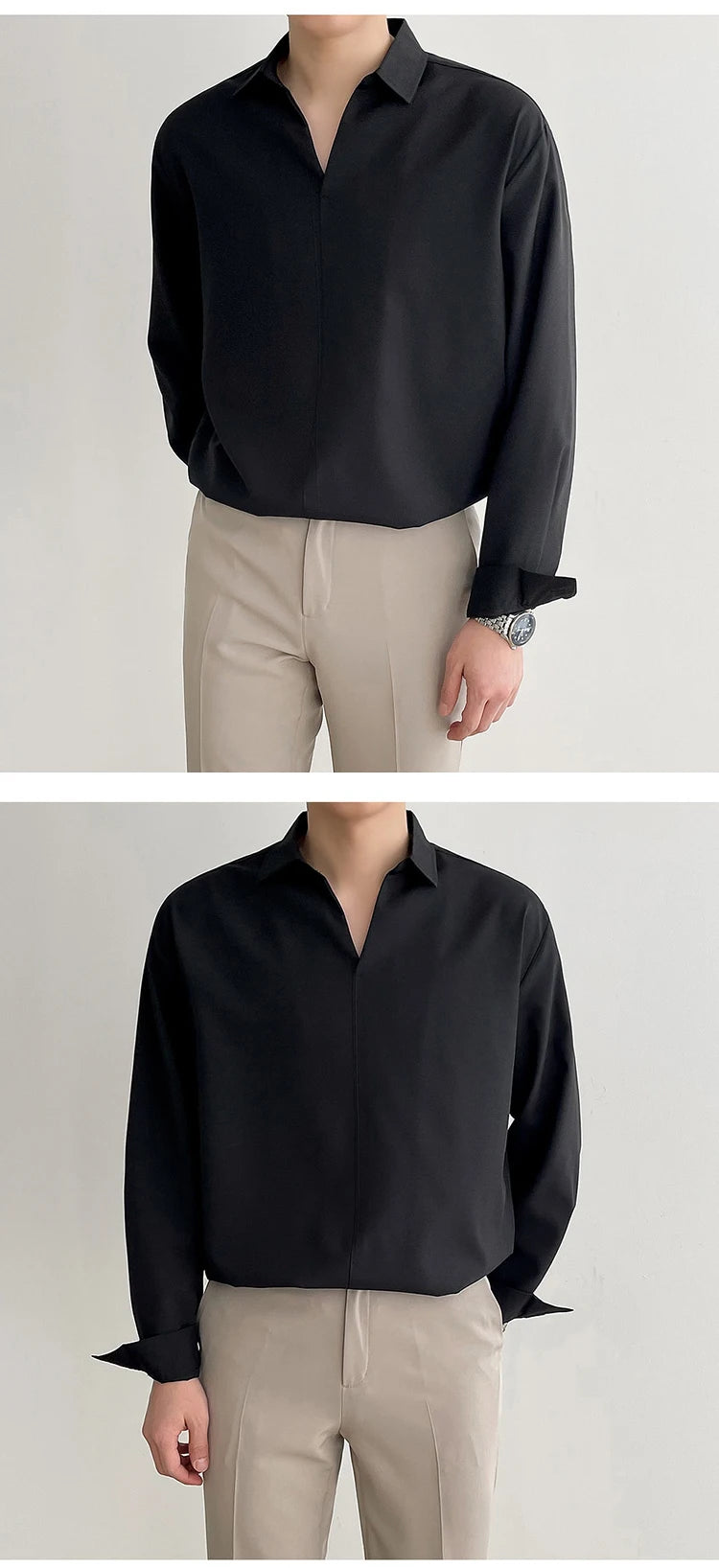 New Korean V Neck Men Shirts Luxury Casual Drooping Style Slim Solid Color Long Sleeve Pullover Blouse High Quality Autumn Tops