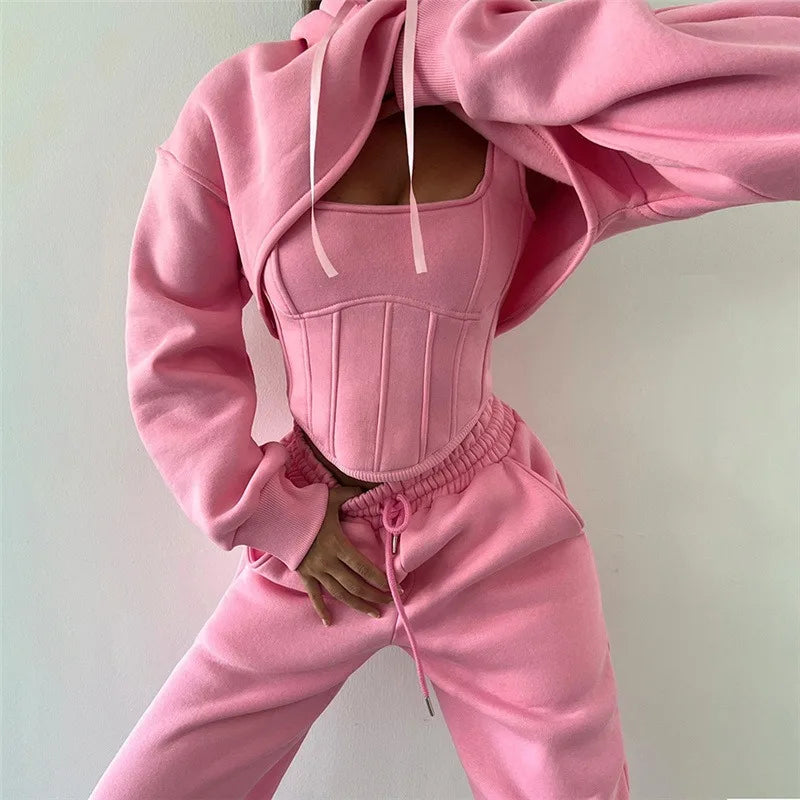 2026 autumn and winter new women's clothing hooded sweater blouse suspender small vest waist trousers three-piece women's