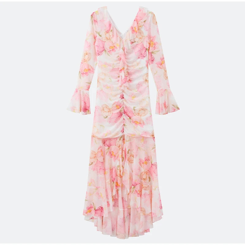 Women Pink Floral Print Maxi Dress Elegant V Neck Ruffle Trim Flare Sleeve Ruched High Chiffon Dresses 2026 Lady Party Vestido
