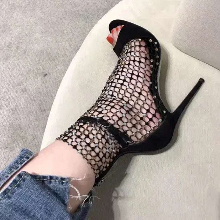 2025 New Star Internet Celebrity Same Style Sexy Water Diamond Fish Mouth Hollow Mesh Cool Boots High Heel Shoes Thin Heels