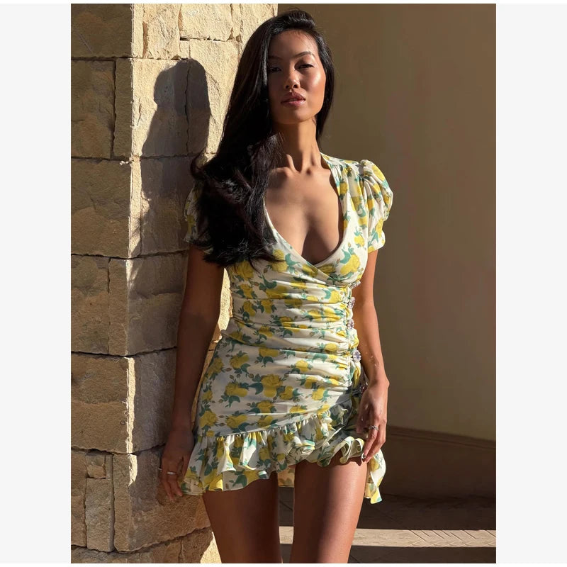 Elegant Ruffle Print Slim Short Dress Women Chic Patchwork Flared sleeves V-neck Pleated Dresses 2026 Lady Summer Casual Vestido