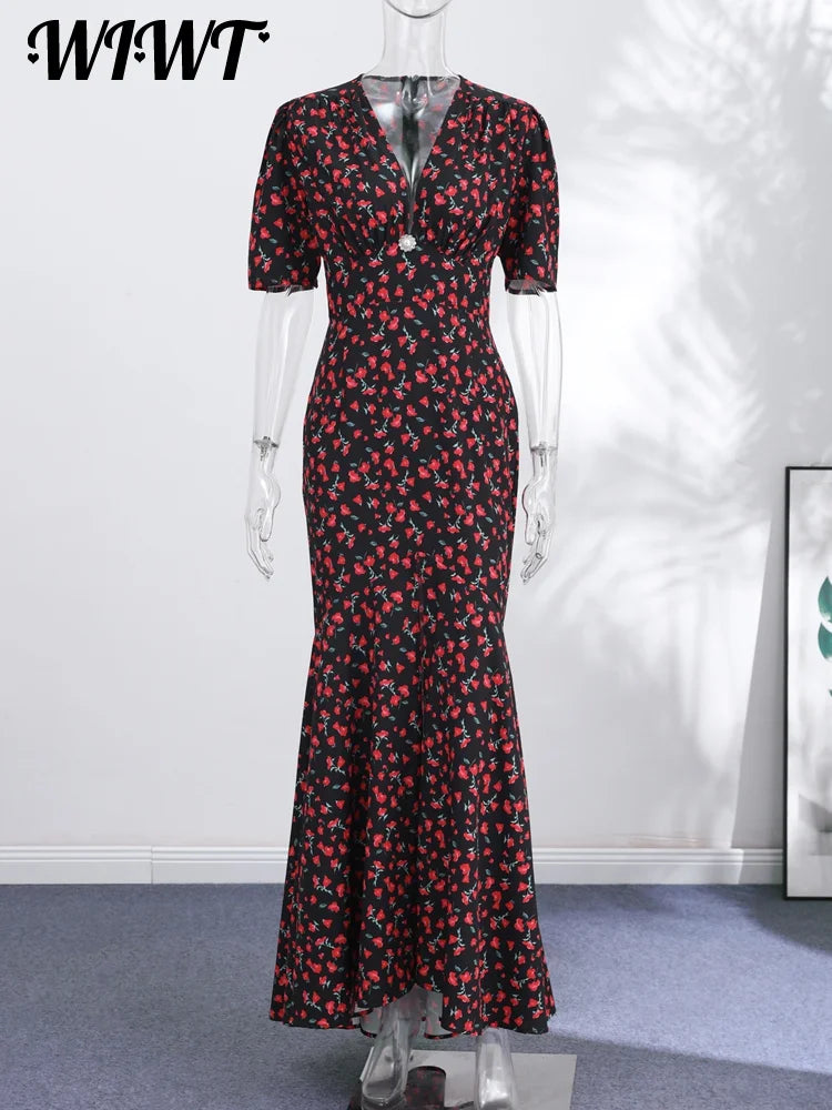 Slim Printed Waist-cinching Fishtail Dress 2026 Summer New Ladies Sexy V-neck Short Sleeve Split Long Robes Women's Party Gowns