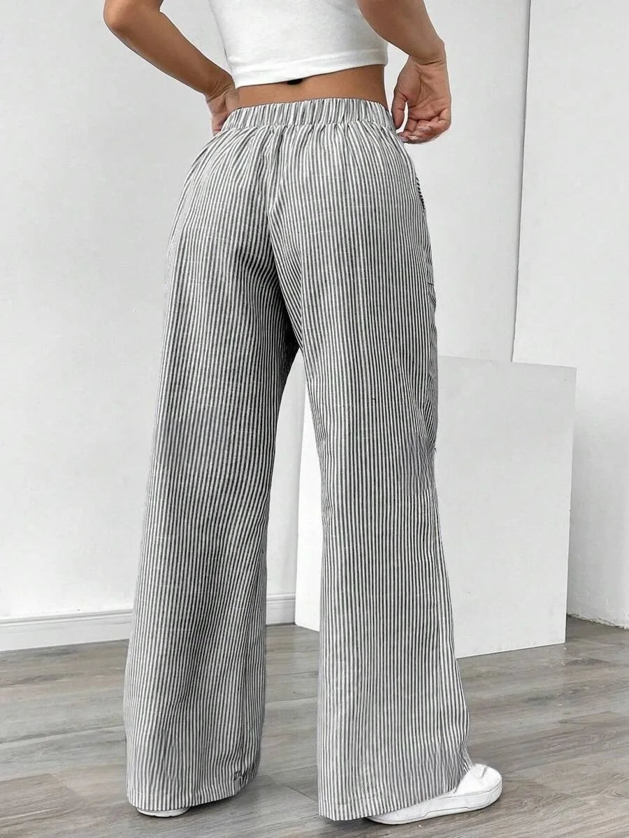 Summer Striped Wide Leg Pants Women High Waisted  Drawstring Loose Fit Slimming Casual Straight Leg Harem Pants Female Trousers