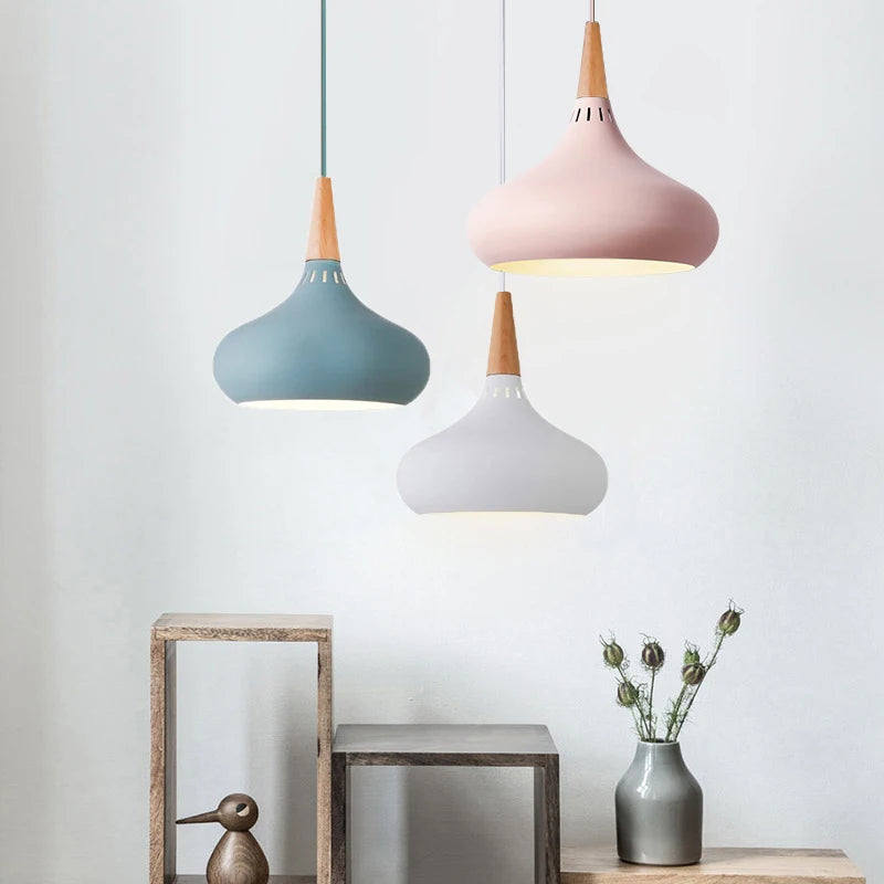 GEW Nordic Modern Funnel Pendant Light Wood Aluminum E27 Multi Color Hanging Lamp for Dining Kitchen Island Bedside