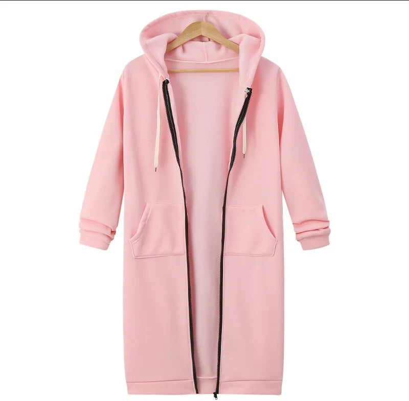 Autumn Winter Women's Hooded Long Sleeve Mid-Length Sweatshirt Fleece Jacket Comfortable Casual Style Polyester Fabric