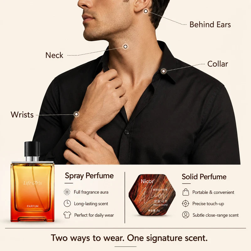 Men's Woody Citrus Perfume Set, Spray Cologne + Solid Perfume Balm, Long Lasting Royal Ebony Travel Fragrance Gift