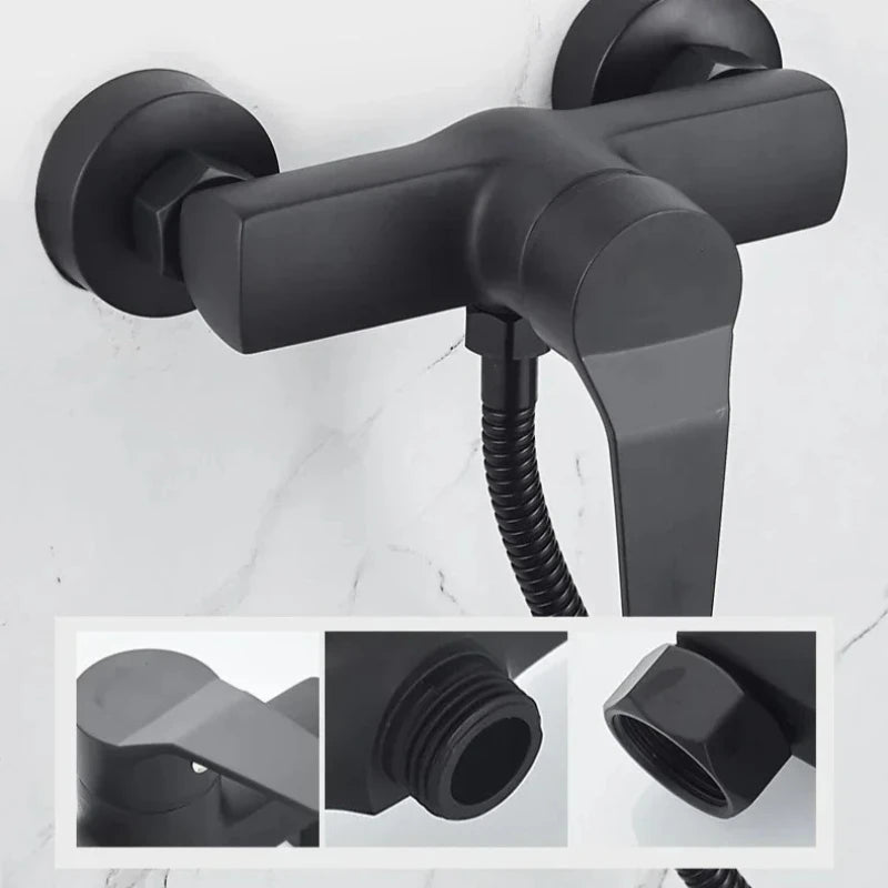 Black Wall-Mounted Shower Mixer Faucet - Single Handle Hot/Cold Water Control Valve for Household Bathroom Accessories