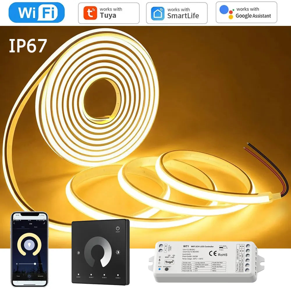 10m 20m Waterproof IP67 Tuya WiFi COB LED Strip 24V Dimmable Room Outdoor Light Warm White Touch Remote for Alexa Home Assistant