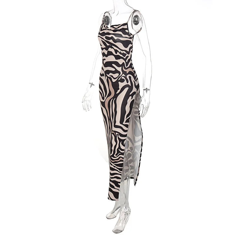 Womens Leopard Print Maxi Dress Strap Backless Bodycon Dress High Slit Sleeveless Party Dress Sexy Club Summer Dresses