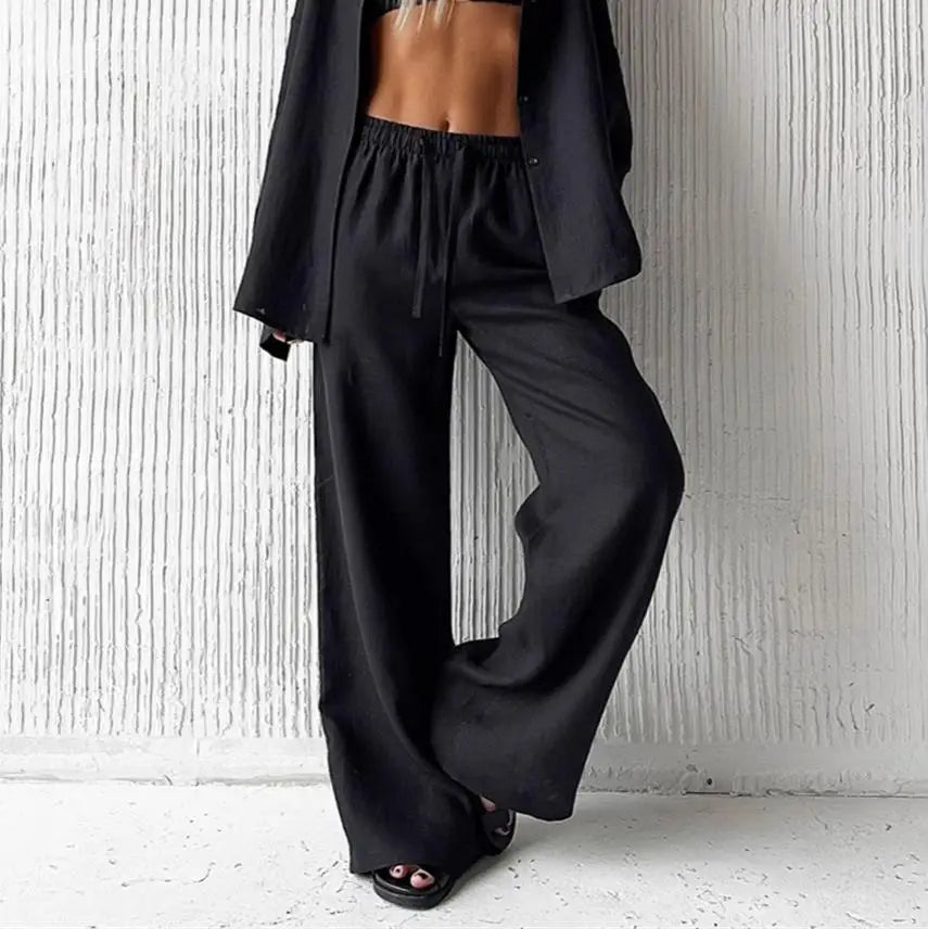 Wide Leg Pants Fashion Women Black Solid Loose Drawstring Baggy Pant 2026 New Spring Summer Casual Pocket High Waist Trousers