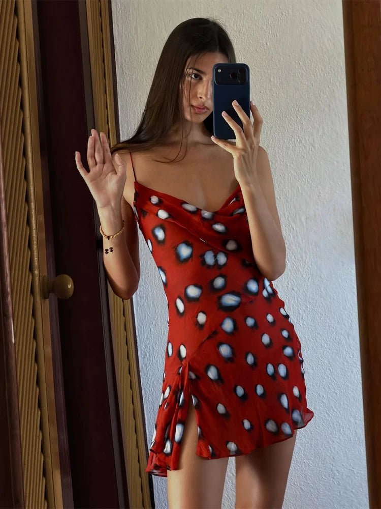 Red Polka Dot Print Draped Neckline Mini Dresses Women's Waist Cinching Split Short Sling Dress 2026 New Chic Party holiday Robe