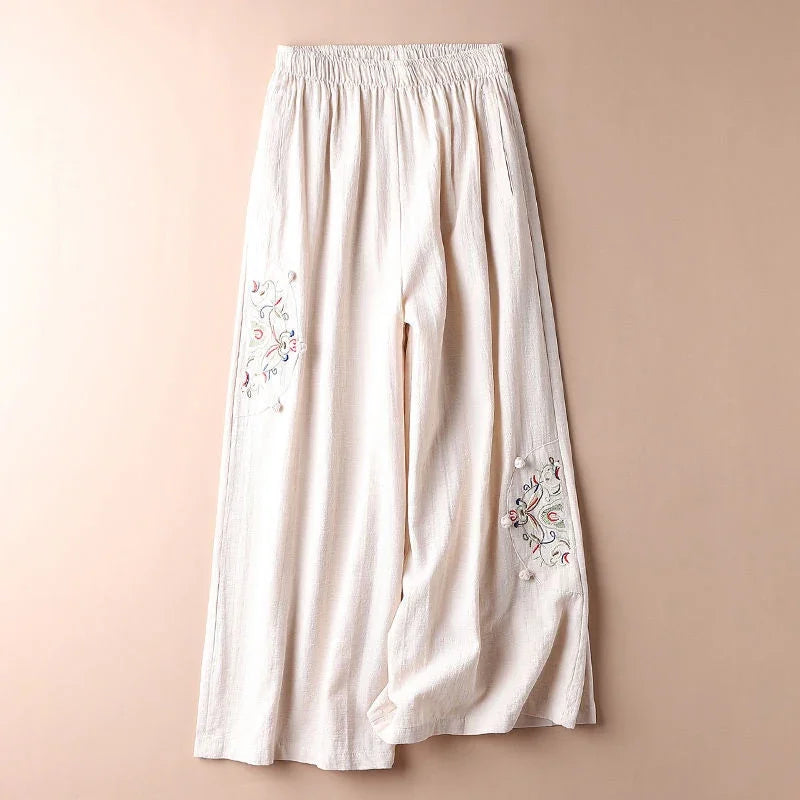 Women's Fashion New Loose Wide Leg Pants Simple Casual Solid Color Splicing Embroidered Elastic Waist Slim Thin Straight Pant