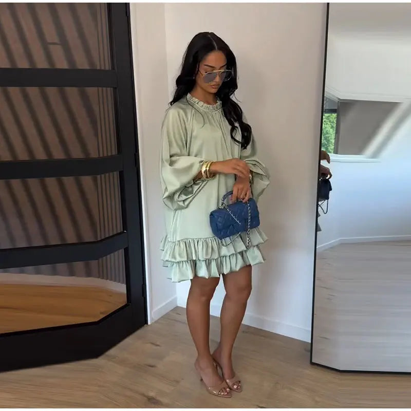 Fashion Ruffled Mini Dress for Women Elegant Long Puff Sleeve O Neck Short Dresses 2026 Summer New Lady Solid Loose Robe Street