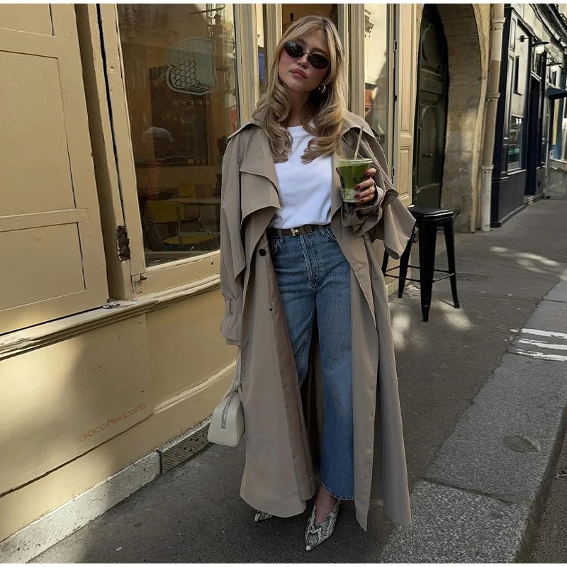 Casual Lace Up Long Trench Coat Women Chic Solid Color Full Sleeve Lapel Windbreaker 2026 Fall New Fashion Loose Commute Jackets