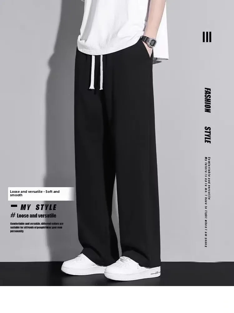 Men's Casual Straight Leg Drawstring Sweatpants Versatile Leisure Long Trousers Student Sports Pants Polyester Fiber Elastic