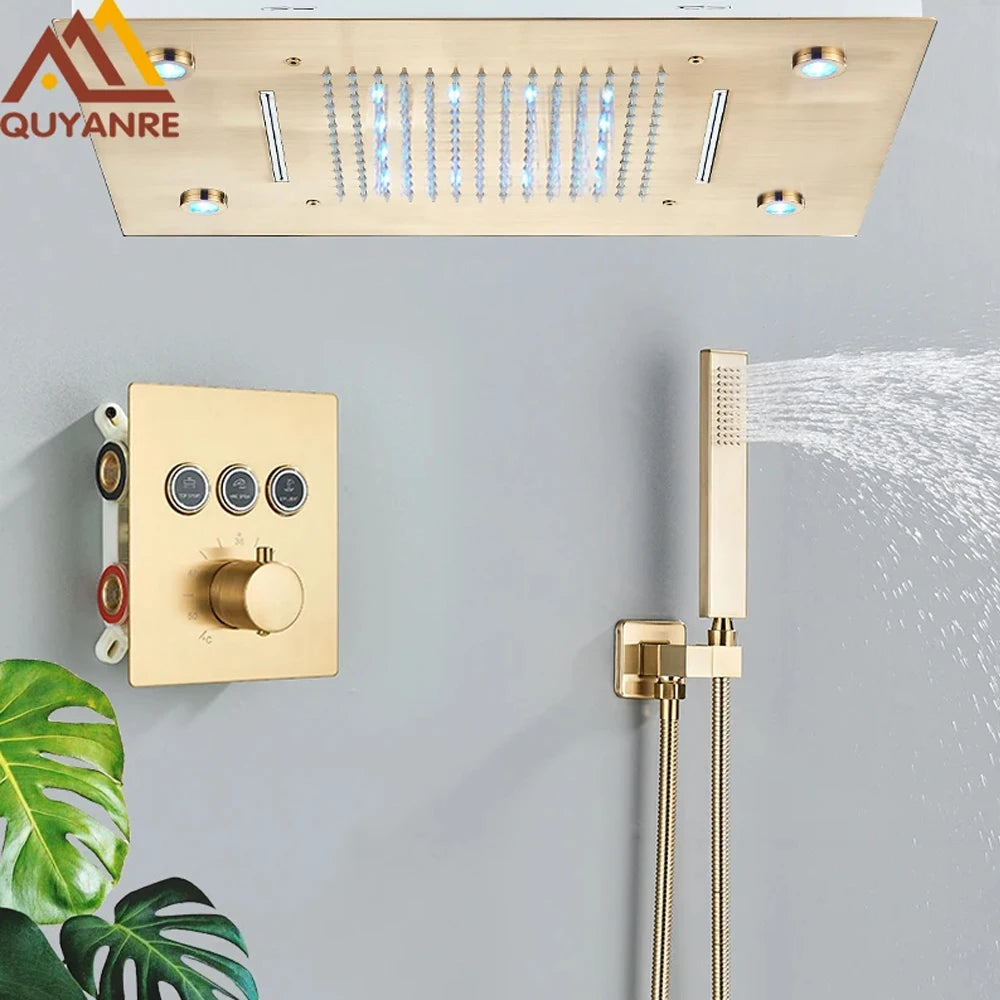 Digital Display Thermostatic Rain Shower System Set 14 X 20 Inch Waterfall Rainfall LED Ceiling Shower Head with HandShower