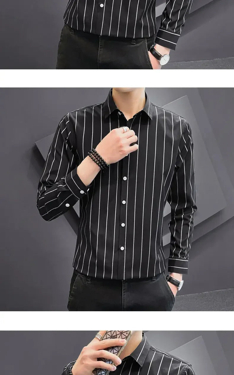 Stylish Men's Striped Shirt Printed Casual Business Dress Shirts Long Sleeve All-Match Slim Fit Fashion Korean Streetwear Shirts