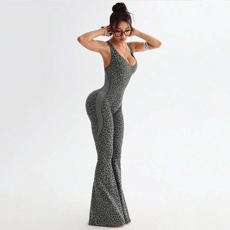 Sexy Backless Leopard Print Jumpsuit Women Slim Hip Lifting Sports Yoga Wear Flared Pants Sports Woman One-Piece Tracksuits Lady