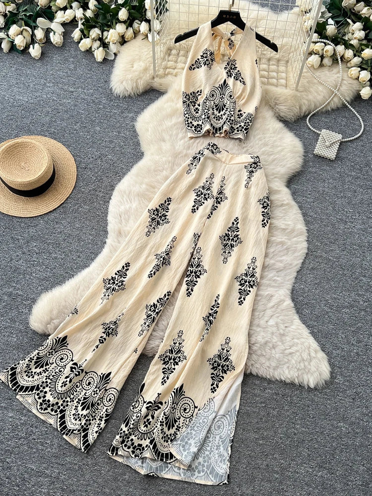 Women's Summer Two Pieces Bohemian Vacation Printed Halter Neck Sleeveless Top High Waist Wide Leg Pants Two-piece Set TP044