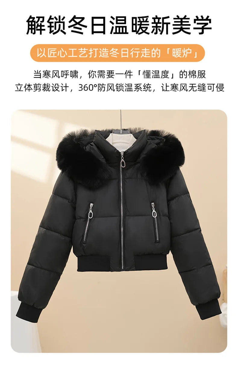 New Women's Big Fur Collar Down Cotton Jacket Winter Short Thermal Padded Jacket Female Removable Hooded Parker Cotton Clothes