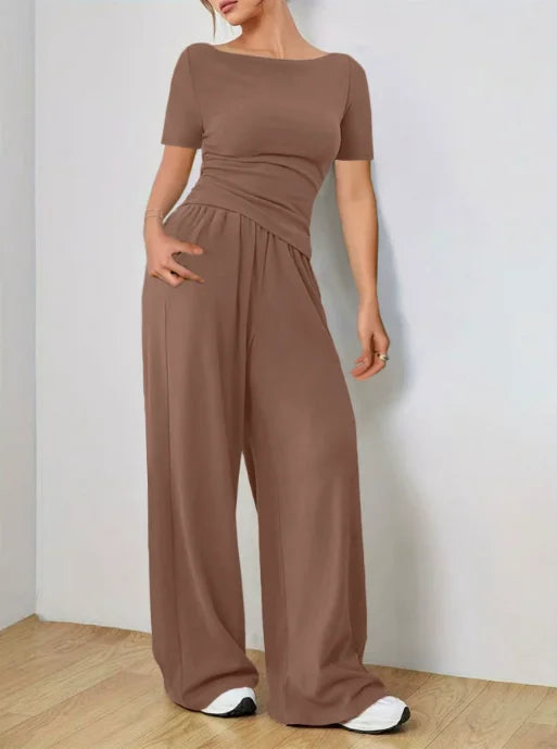 Trendy Slim Solid Color Trousers Suit For Women Simple Slim Irregular T-shirt Wide-leg Trousers Two-piece Casual Spring Suit