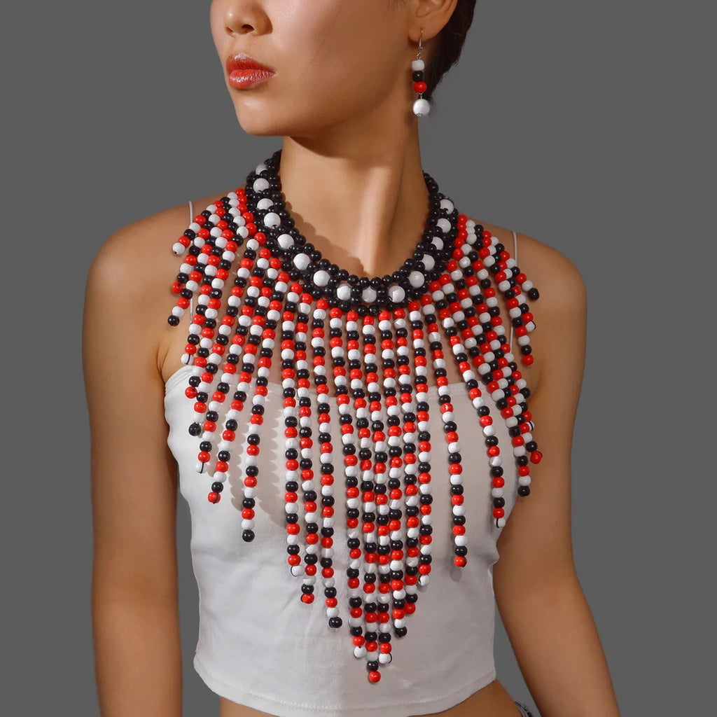 African Jewelry Set Bohemian Retro Ethnic Handmade Wooden Woven Beaded Statement Necklace and Earrings Women's Party Accessories
