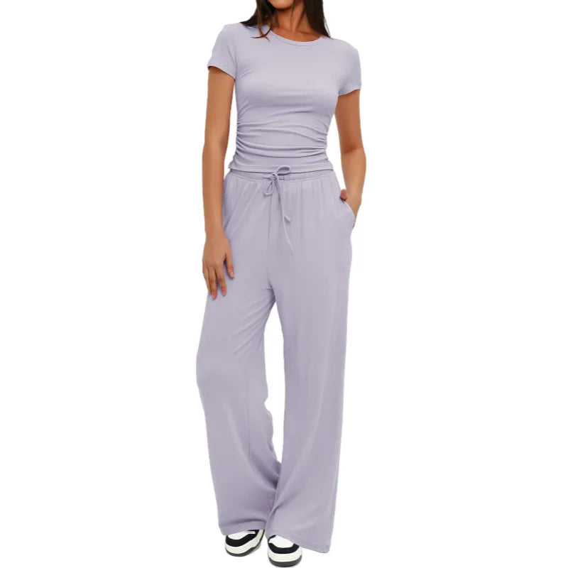 Women's Summer Solid Loose Casual Tracksuit Two Piece Set O Neck Short Sleeve T Shirt Wide Leg Pants Sportswear