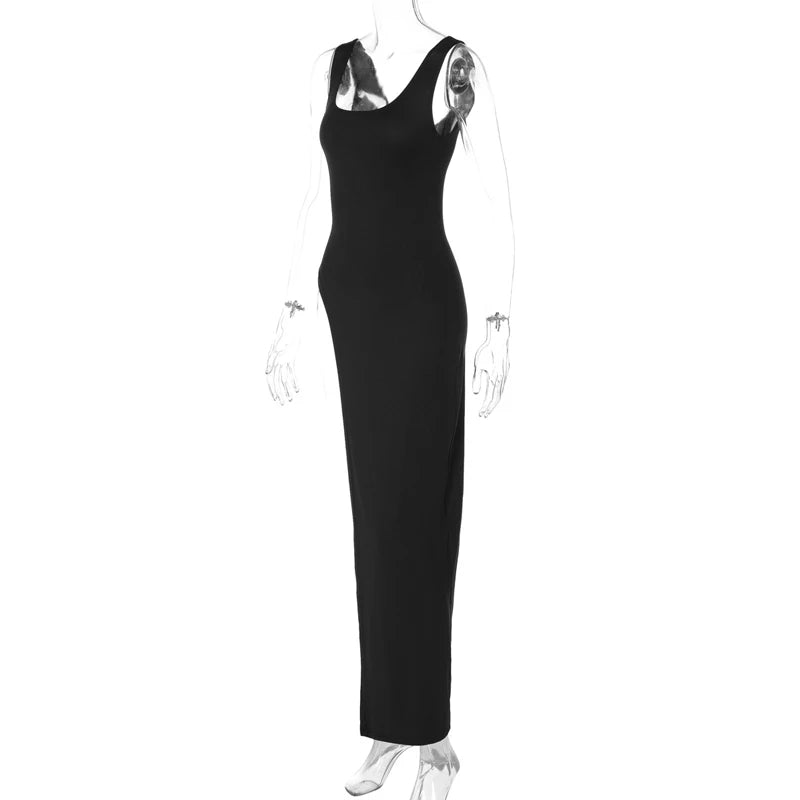 Sexy Sleeveless Side High Split Midi Dress Backless Women's Summer Party Club Streetwear Y2K Style Solid Color