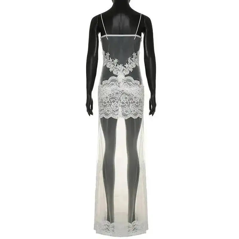 Lace Transparent Mini Dress For Women's Shestyle Embroidery Flower Mesh Transparent Flare Outfits Prom Nightwear Club Long Dress