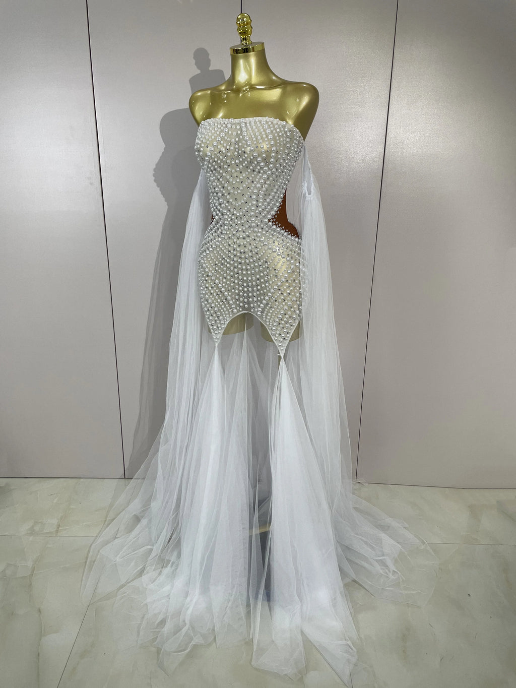 Elegant Sparkly Rhinestone White Pearl Sexy Strapless Mesh Long Dress Wedding Guest Gowns Luxury Birthday Evening Party Dress