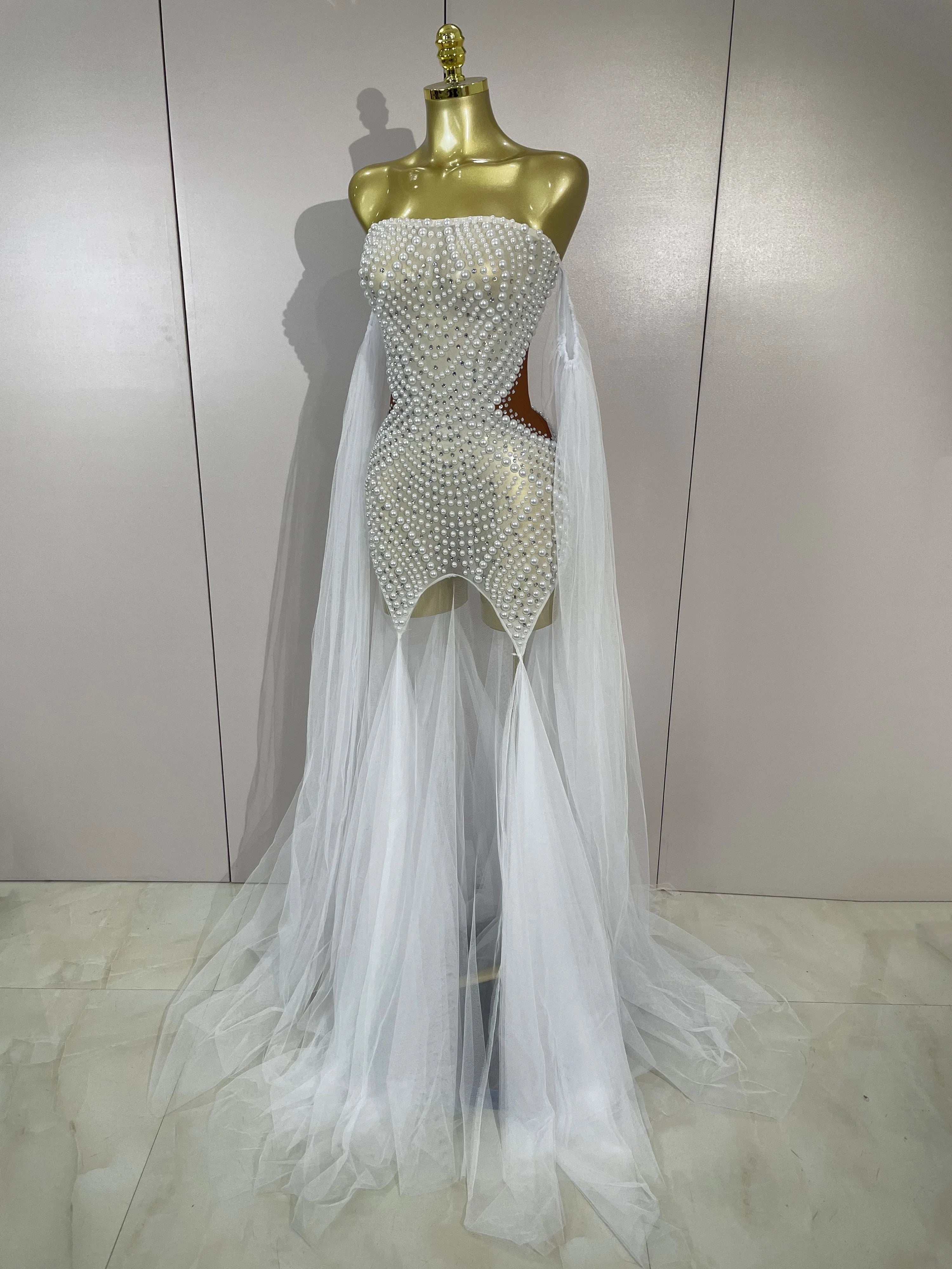 Elegant Sparkly Rhinestone White Pearl Sexy Strapless Mesh Long Dress Wedding Guest Gowns Luxury Birthday Evening Party Dress