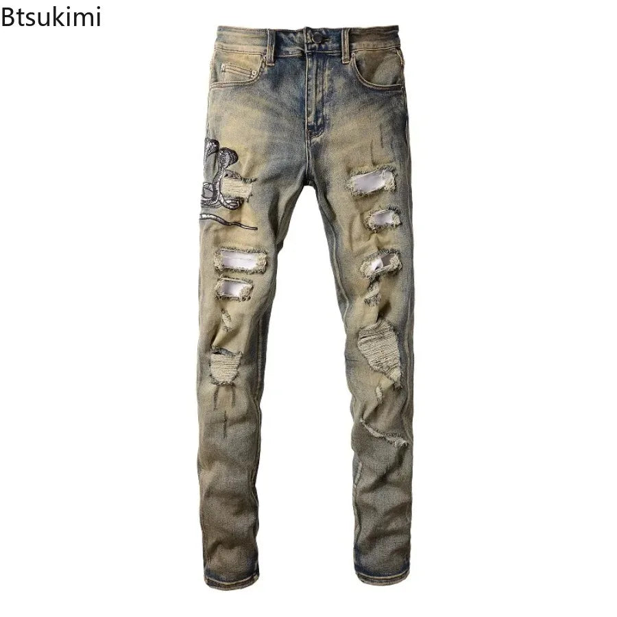 2026 New Men's Fashion Snake Embroidery Denim Jeans Vintage Blue Snakeskin Leather Patch Stretch Pants Skinny Tapered Trousers